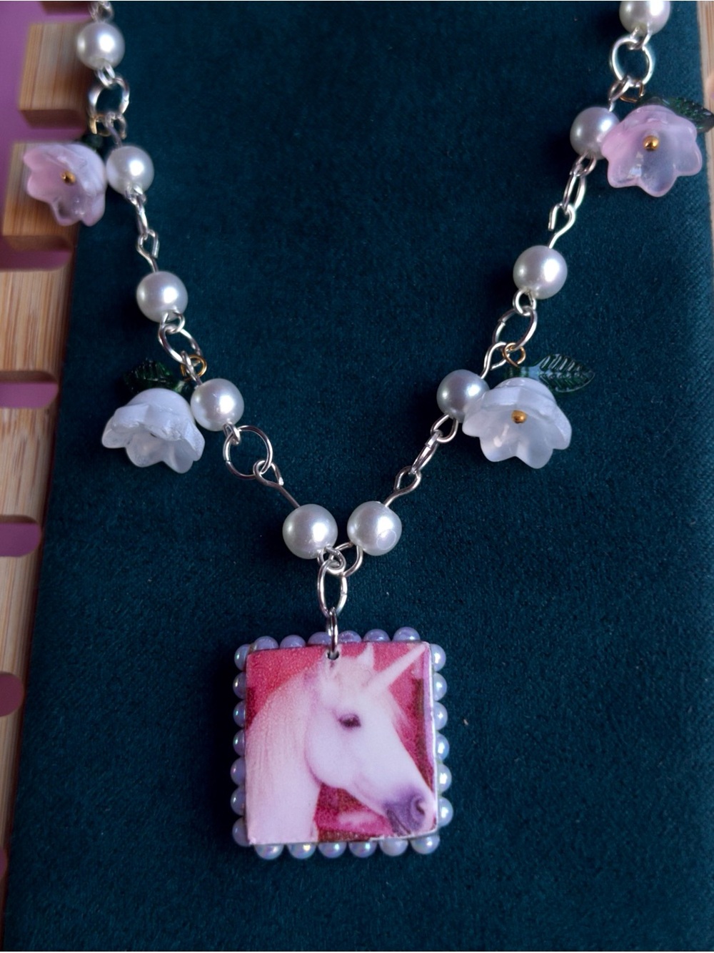 Y2K Unicorn Faux Pearl Necklace | Fairycore Pink Polaroid Charm